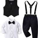 Toddler Baby Boy Clothes Suit 5Pcs Gentleman Wedding Party Outfits，Formal DressShirt+Bowtie+Vest+Suspender Pants Size: B 2-3T