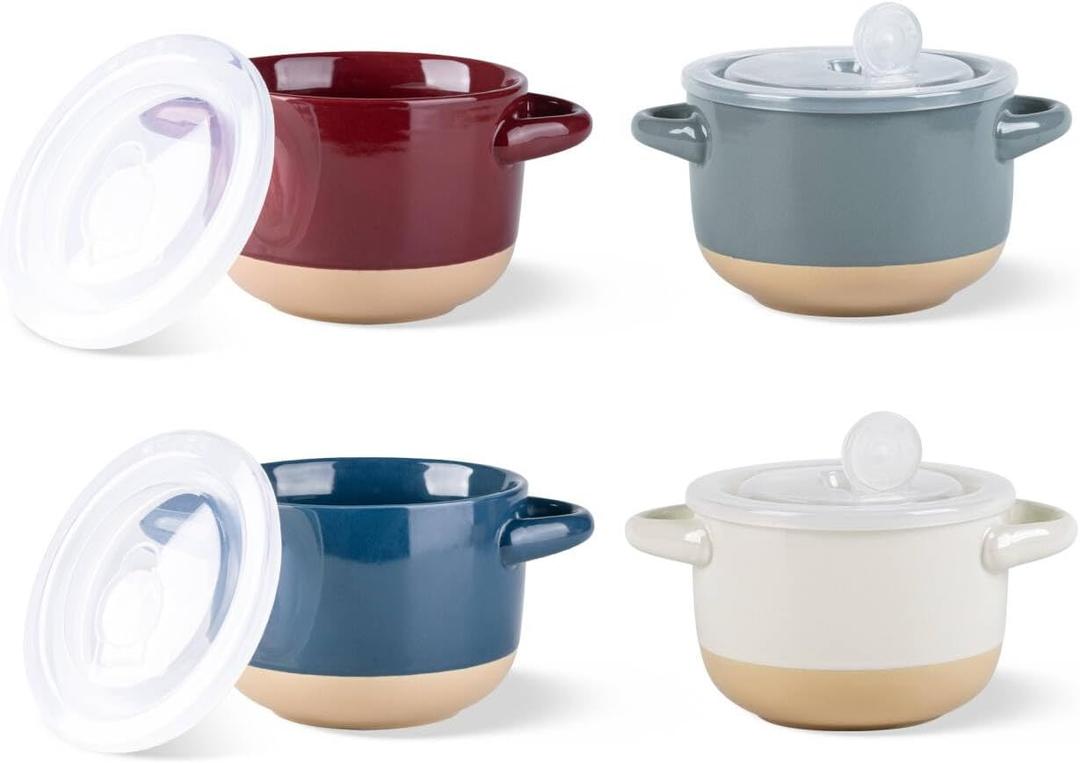 AmorArc 24 Ounces Soup Bowls with Large Handles and Lids, Stoneware Bowls Set of 4 for Soup, Cereal, Stew, Noodle, Colourful Ceramic Kitchen Bowls, Microwave&Dishwasher Safe, Multicolor