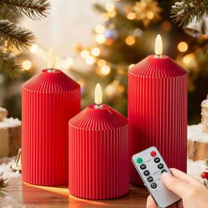 LUSHARBOR Flameless Candles with Remote, Battery Operated Candles Real Wax LED Fake Pillar Candles with Timer Flickering Flame for Wedding Home Party, Set of 3 Red