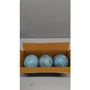 Deco 79 Mango Wood Handmade Decorative Ball Orbs & Vase Filler with Carved Tribal Patterns, Set of 3 5", 4" W, Blue 