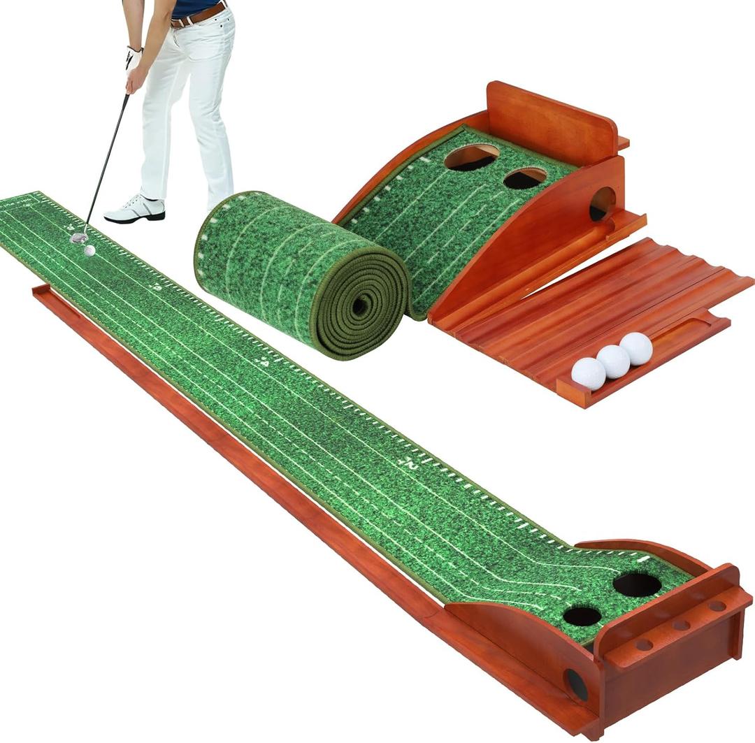 Putting Green Indoor Outdoor Golf Putting Mat with Automatic Ball Return, 9.84FT Golf Practice Mat with 3 Golf Ball, Putter Ball Golf Game Gifts for Home, Office, or Backyard