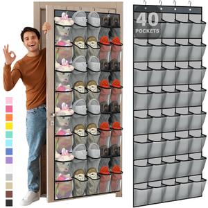 Windyun 40 Over The Door Shoe Organizer, Large Mesh Pocket Hanging Shoe Rack Hanger Large Capacity Gray Behind The Door Storage Holder for Dorm College Closet Entryway Bedroom Utility Room Women Men