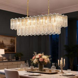 12-Light Gold Rectangle Crystal Chandeliers for Dining Room Light Fixture, 12-Lights L 32"
