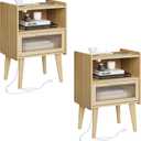 Nightstand with Charging Station, Natural Wood Bedside Tables, Modern End Table, Side Table with 2 Tiers Storage Space for Bedroom Living Room MLBZ07YE-2