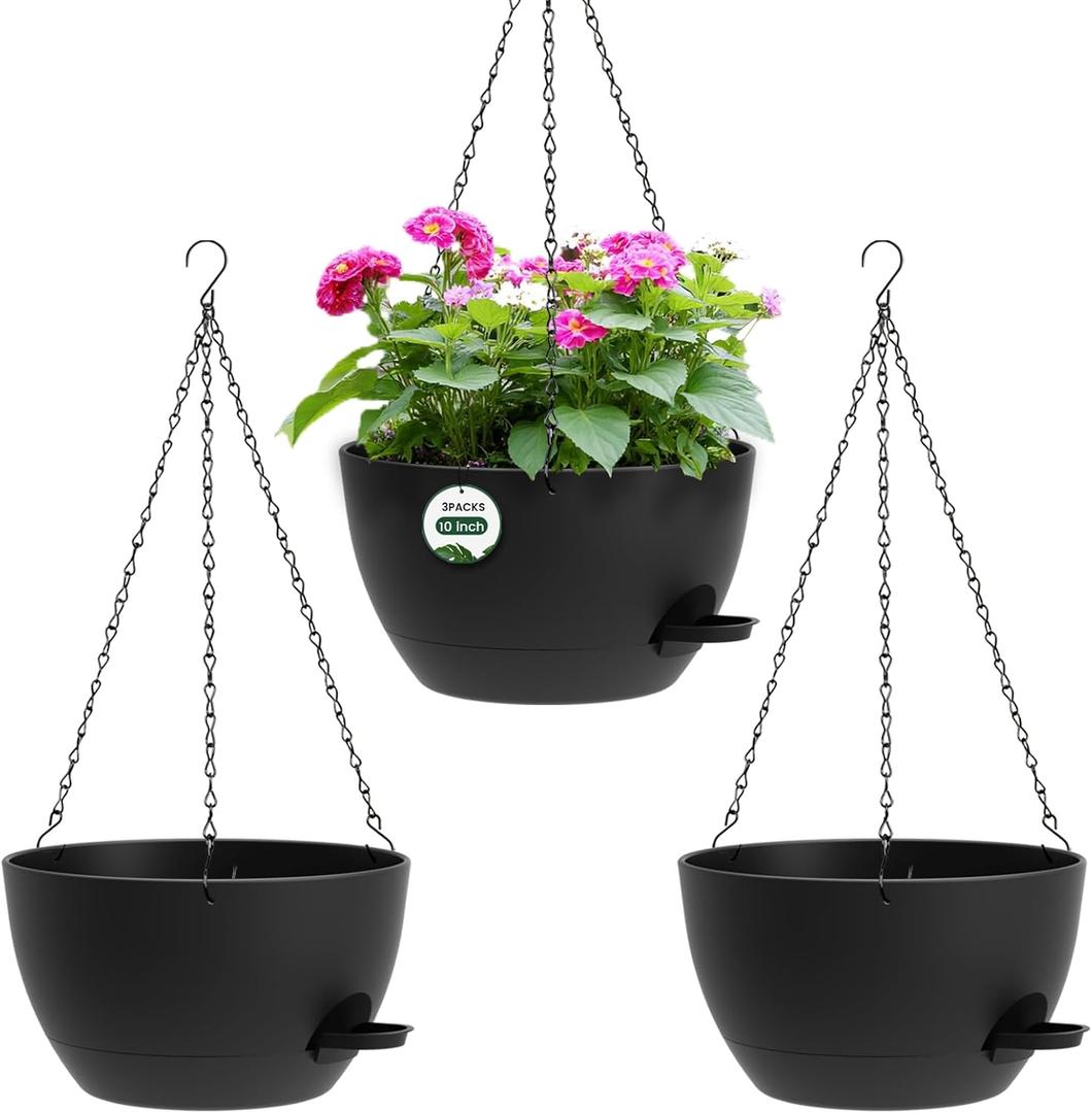 AHJZO 3 Pack 10 Hanging Flower Pots with Chains Self Watering Plastic Planters for Indoor Outdoor Plants, Sturdy Triangular Iron Chain Design for Garden PorchPlastic Hanging Flower pots (3, Black)