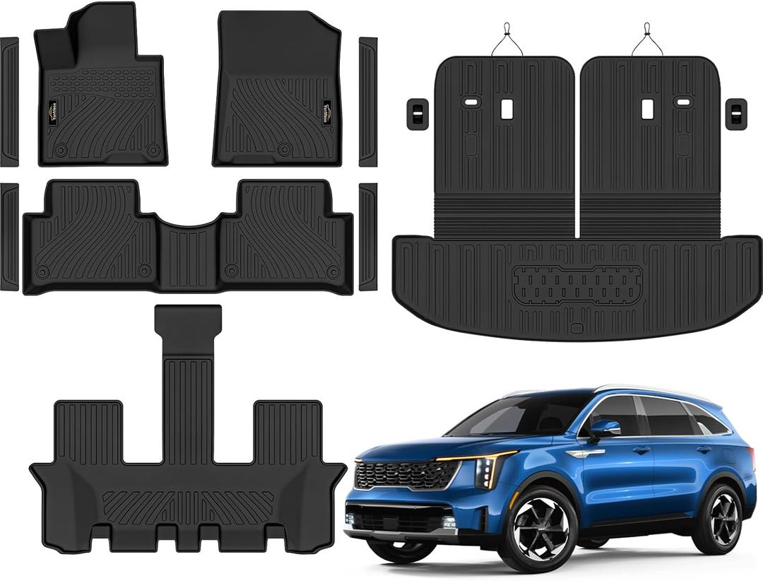 Floor Mats Custom Fit for Kia Sorento 2021-2025 2026 6&7 Seats (Not for Hybrid) Trunk Mat with Backrest Mat All Weather TPE Rubber Cargo Liner Back Seat Protector Full Set for Sorento Accessories