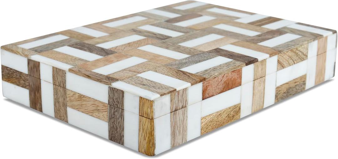 Handicrafts Home White Decorative Storage Box with Lid Wooden Desk Organizer Box Office Storage Box for Workspace Desk Decor Organizer  Resin Inlay Marquet Chase Collection - 6x8x1.5
