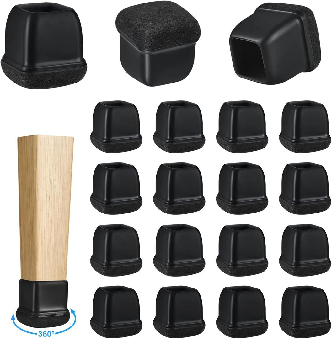 16 Pack Chair Leg Floor Protectors for Hardwood Floors, Square Rubber Furniture Sliders, 360Felt Pad Bottom Wrapped Thickening Silicone Furniture Legs Caps Covers(Square,Black-M)
