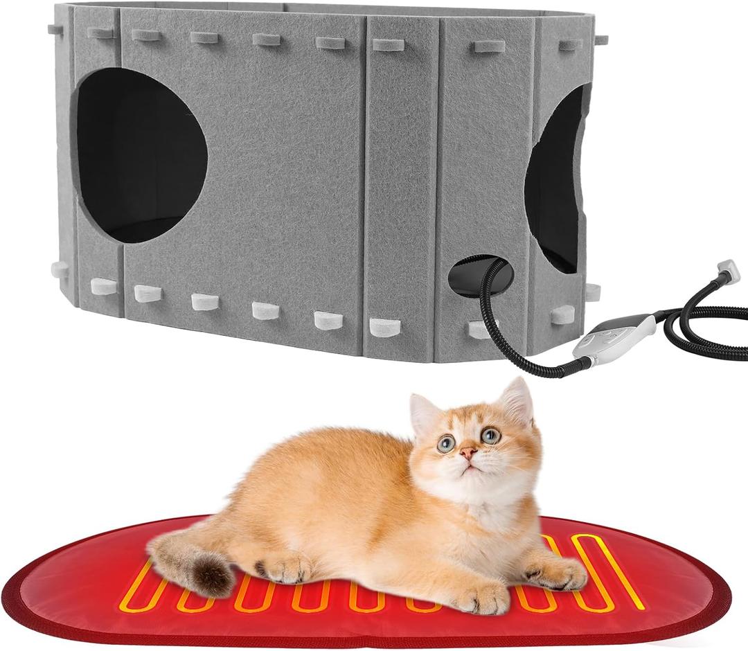 Large Heated Cat House for Indoor Outdoor Cats,with Timer & Temp Adjustable Pet Heating Pad Bed Included,Foldable Dog House23 * 12 * 13inch (grey)