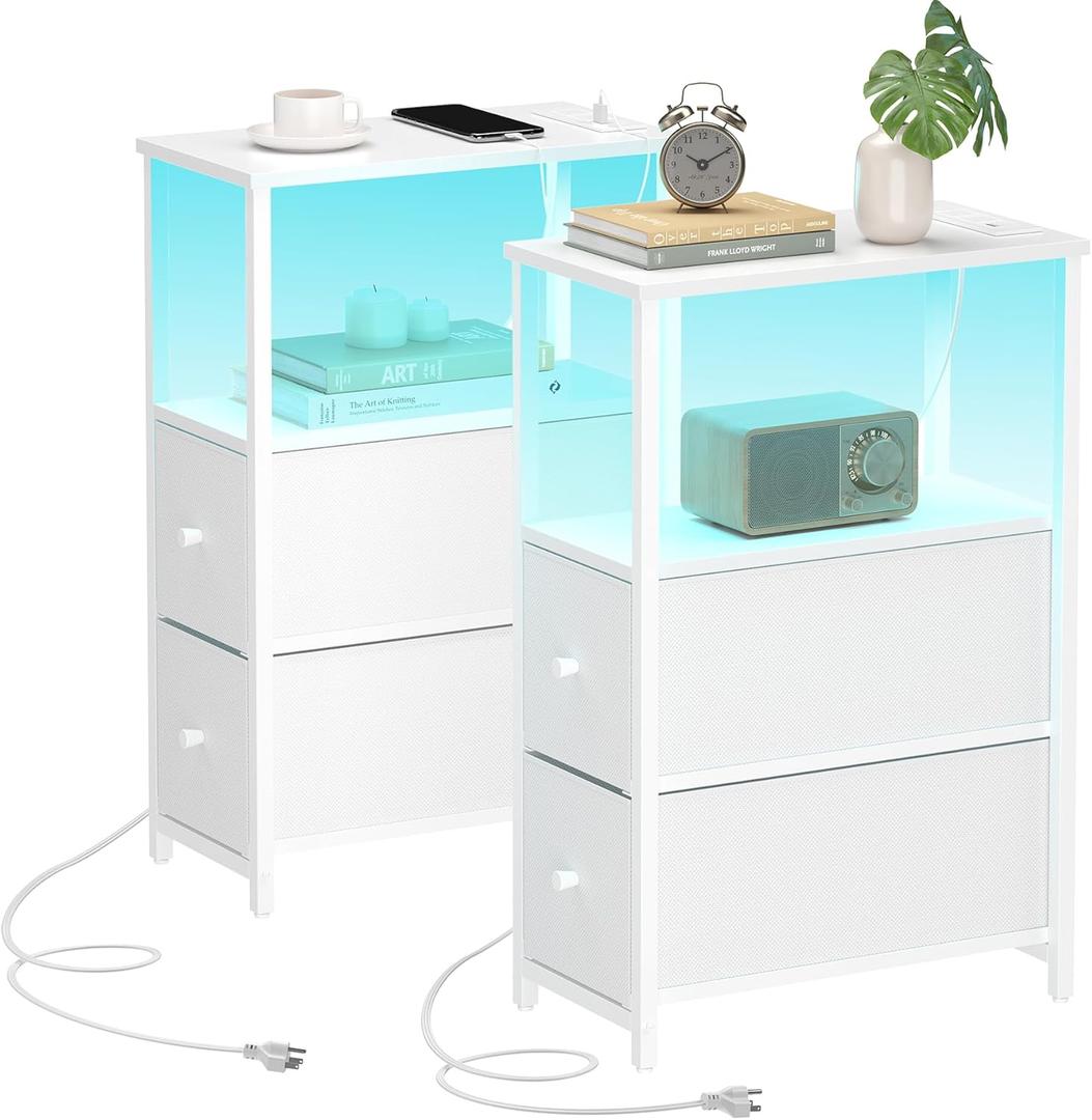TUTOTAK Small Narrow LED End Table with Charging Station, Side Table Outlets, Nightstand with 2 Cloth Drawers, Set of 2, Couch Table, for Living Room, Bedroom, Bedside, White TB01BW056