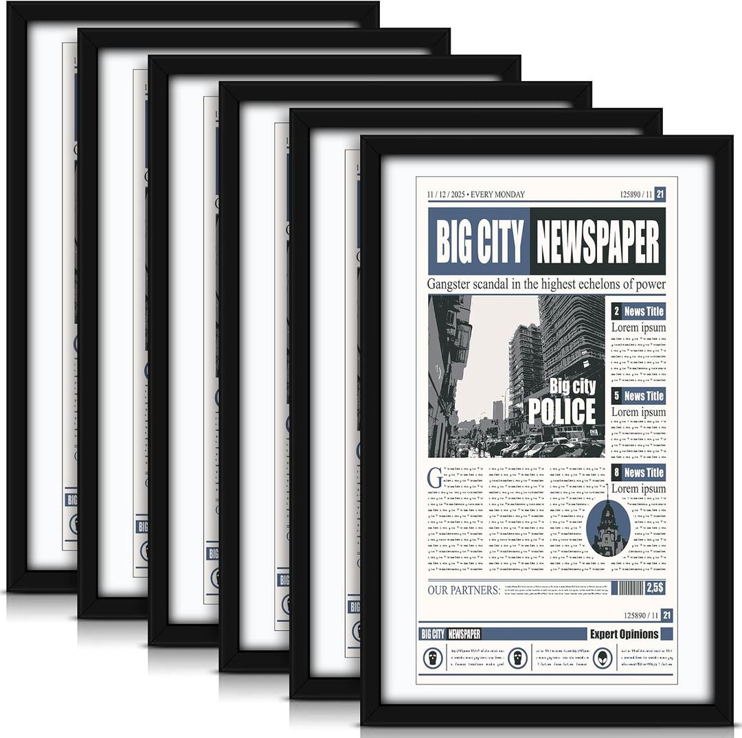 6 Pcs 11x22 in Newspaper Frame with Mat Assorted Media Article Cover Frame with Hanging Hardware 14x24 in Newspaper Display Poster for Wall Decoration (White Mat)