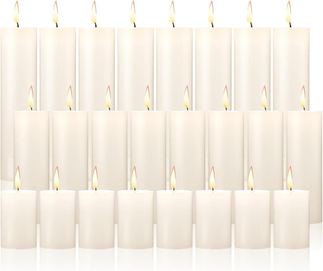 Nuogo 24 Pcs Ivory Pillar Candles Bulk Set of 3 Long Burning Wax Pillar Candles 2 in x 3, 6, 8 Inch Dripless Unscented Smokeless for Wedding Party Spa Lantern Fireplace Home