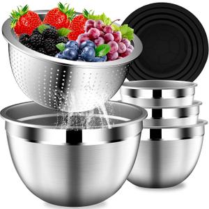Mixing Bowls with Lids Set, Stainless Steel Mixing Bowls with Colander, Strainer with Mixing Bowl Set, Serving Bowl Kitchen Gift, Size 4.5, 2.5, 2, 1.5QT - Black
