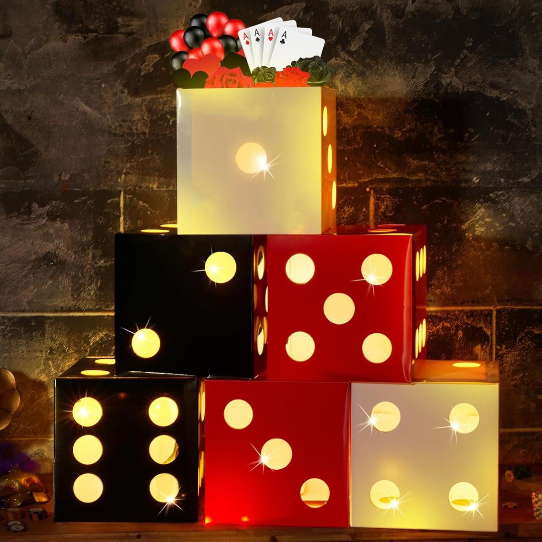6 Pcs Large Dice Favor Boxes with Light,large Dice Box Casino Party Decorations, Balloon Boxes for Birthday Las Vegas Game Night Party Decorations(11.8 Inch,White, Black, Red)
