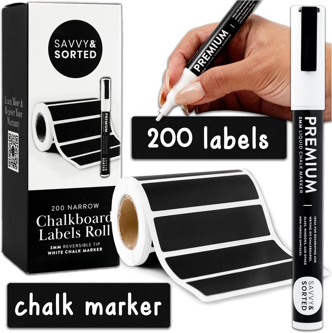 SAVVY & SORTED Chalkboard Labels Stickers - 200 Removable, Reusable, Erasable Labels for Jars, Containers, Pantry Storage, Glass Bottles