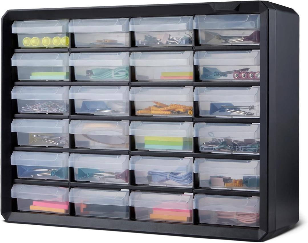 Amazon Basics 24-Drawer Plastic Storage Organizer with Dividers for Office/Craft/Tools, Wall Mountable, Sturdy, 6.3 x 21.3 x 15.8 inch, Black