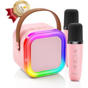 Kinglucky Mini Karaoke Machine for Kids, Top Birthday Gift Pick for Girls Ages 3, 4, 5, 6, 7, 8, 9, 10, 11, 12 Years Old, Kids' Personal Video Players Accessories with 2 Mics & Fun Voice Effects, Pink