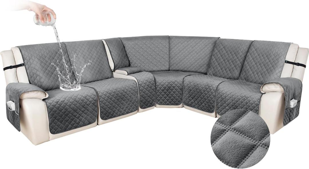 HDCAXKJ 100% Waterproof Velvet Recliner Sectional Couch Covers L Shaped Corner Reclining Sofa Cover Washable Thick Non Slip Sectional Slipcover with Pockets (5 Seat and 1 Middle Console, Grey)