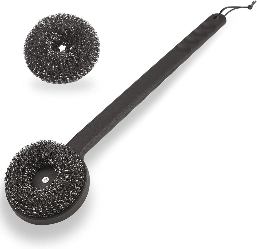 18" Long Handle Grill Brush with Replaceable Head - Safe Bristle Free Stainless Steel BBQ Cleaner with Heavy Duty Scrubber Pad, Grill Accessories Steel Wool Scrubbers for Porcelain Gas Charcoal Gri
