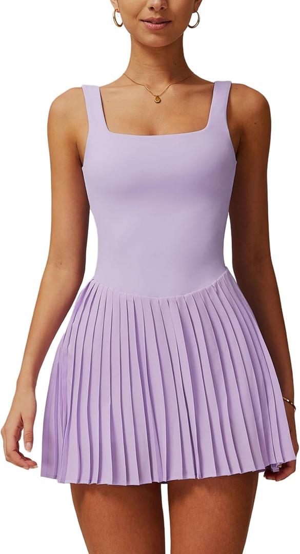 ABOCIW Womens Square Neck Tennis Dress Built in Shorts Pleated Backless Golf Athletic Dress with Pockets (Medium, Purple)