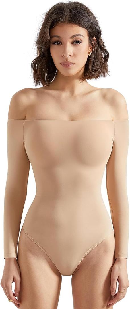 SUUKSESS Women Off the Shoulder Long Sleeve Bodysuit Double Lined Thong Bodysuit (Medium, Nude)