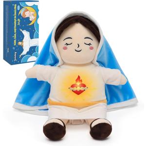 Yelakey Breathing Plush Virgin Mary Doll 15" Soothing Guardian Angel with Light & Sound, Baptism Plushie Toy Gifts for Kids for Christening Religious Easter (White)