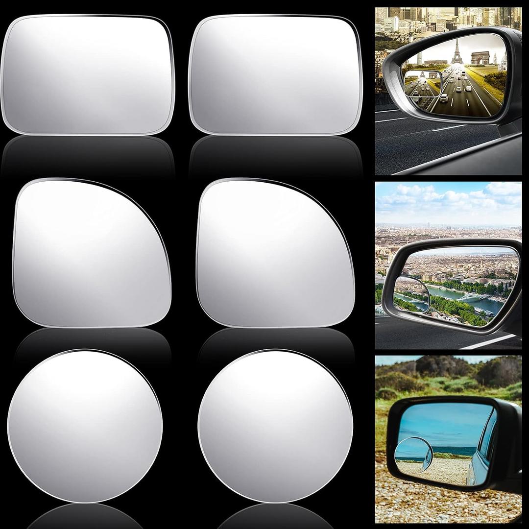 Frienda 6 Pieces Blind Spot Mirror, High Definition Glass Convex Lens Frameless 360 Wide Angle Side View Mirror for Car(Fan, Round, Rectangle Shape)
