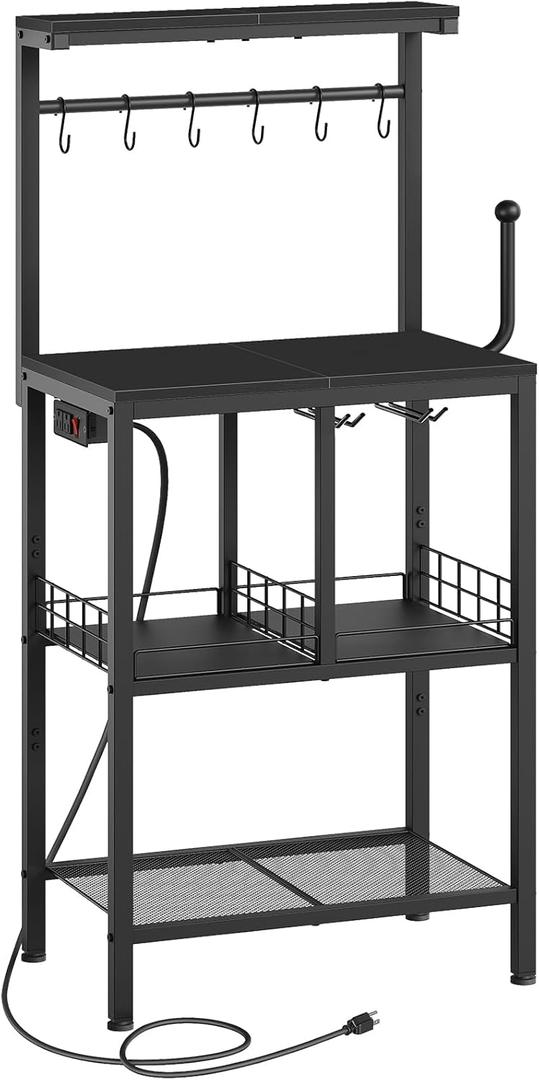 YATINEY Bakers Rack with Power Outlet, Microwave Stand with Paper Holder, Coffee Bar Table with Wine Glass Holder, 4-Tier Kitchen Storage Rack for Dining Room, Living Room, Black HB02UBB