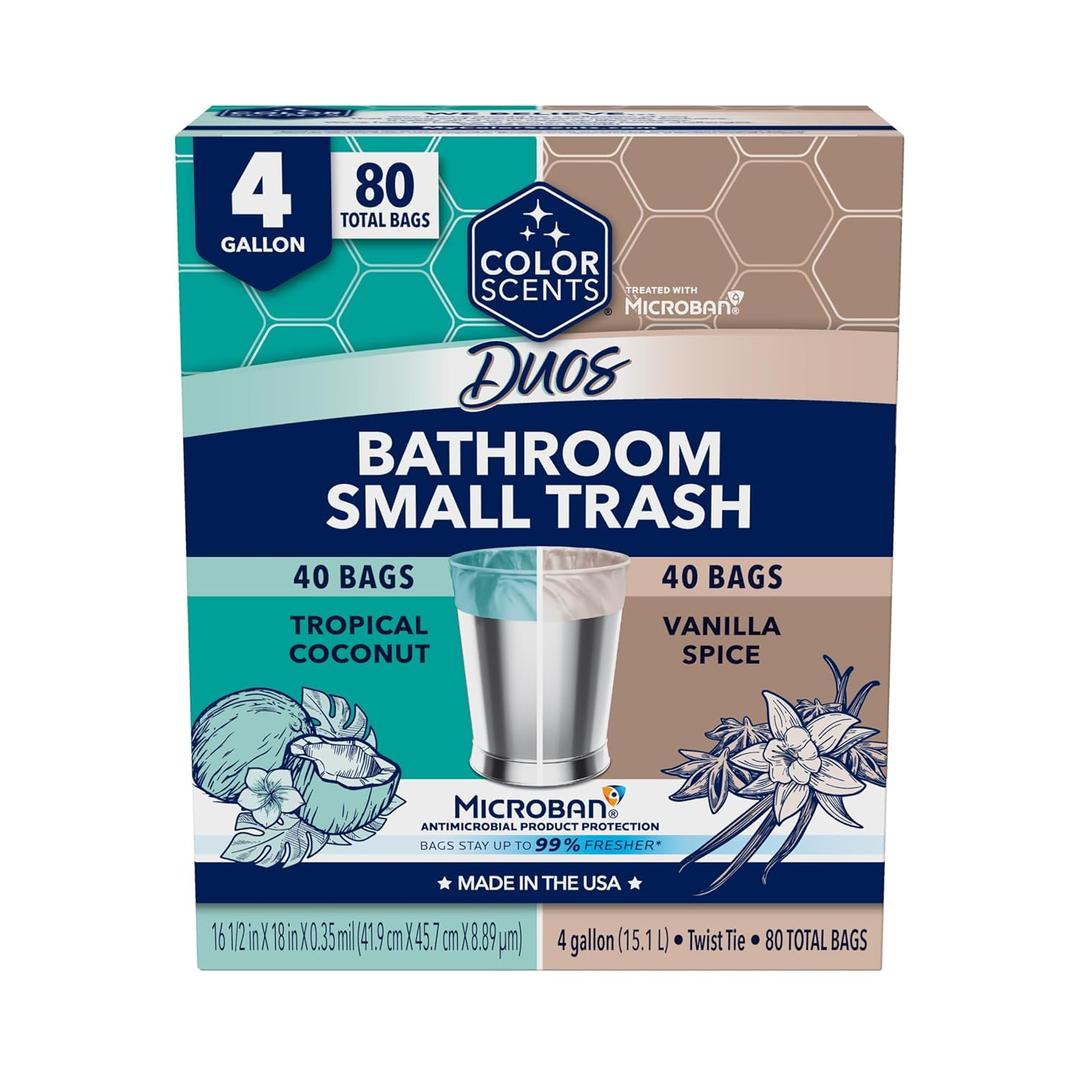 Color Scents Small Trash Bags - 4 Gallon, 80 Total Bags (2 Rolls of 40 Count), Twist Tie Duos (2 unique scent + color combinations) with Microban