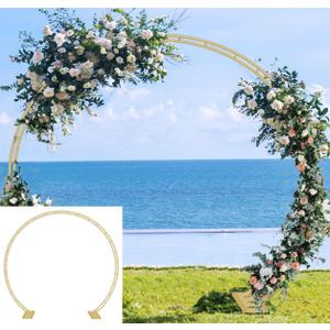 Queension Extra Large Wedding Arch for Ceremony 8.5Ft Wide 7.4Ft High, Metal Balloon Arches Backdrop Stand with Base for Party Supplies, Outdoor Garden Trellis for Climbing Plant, Round Frame, Gold