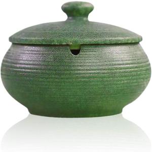 Lependor Ceramic Ashtray with Lid, Windproof, Ash Holder for Smokers, Desktop Smoking Ash Tray for Home Office Decoration - Dark Green