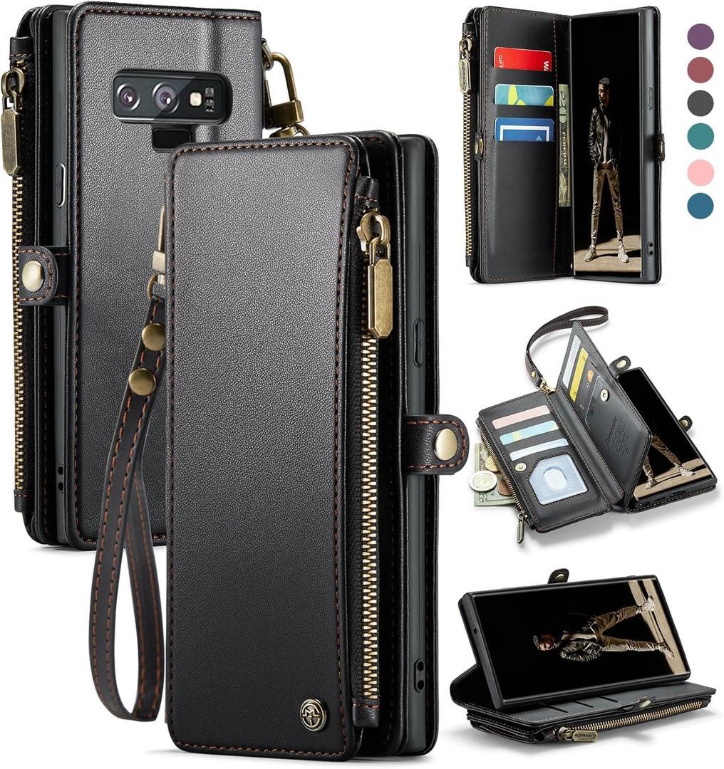 Defencase Compatible with Galaxy Note 9 Case Wallet with RFID Blocking Card Holder for Women Men, PU Leather Magnetic Snap Flip Zipper Strap Phone Case Fit for Samsung Galaxy Note 9, Black