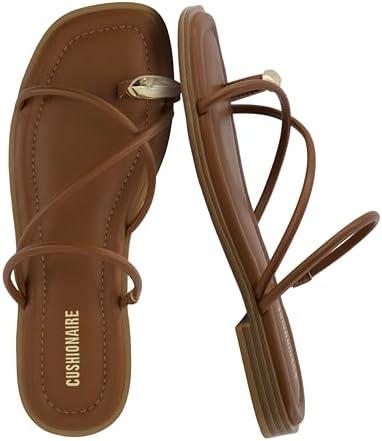 CUSHIONAIRE Venue Women’s Strappy Toe-Loop Slide Sandals with Gold-Tone Accent & Memory Foam Comfort, COGNAC 8