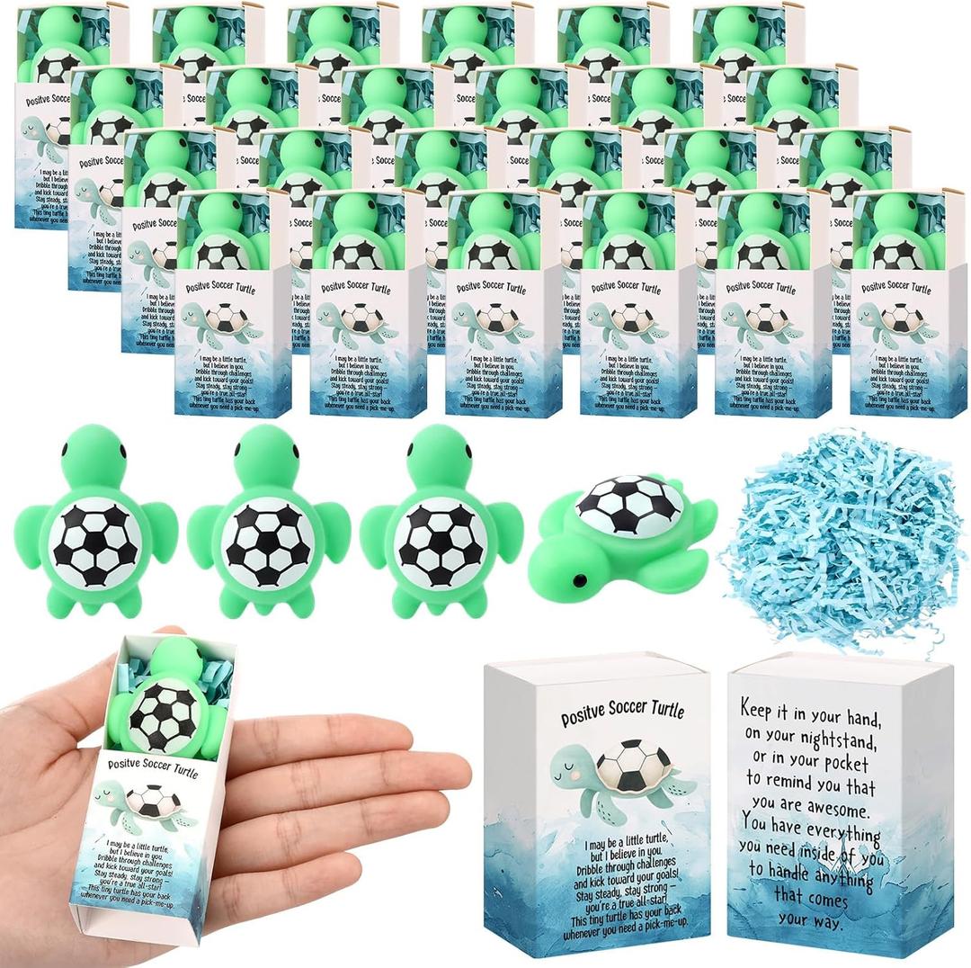 Wettarn 25 Sets Soccer Gifts Positive Stress Balls with Support Boxes for Soccer Team Party Favors Basket Fillers Turtle Desk Decor Sport Stocking Stuffers
