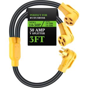 Kanayu 30 Amp Dryer Y Splitter to RV/EV NEma 14-30P to 14-50R/14-30R Adapter 4 Prong 30 to 50 Amp Y Adapter Cable for EV RV Charging at Dryer Outlet, 250 Volt, 10 AWG 4 Conductors, 3 ft(Yellow)