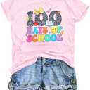 100 Days of School Shirt Women Teacher Life Shirts Funny 100th Day of School Celebration Gift Tops Pink, XXL