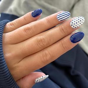 Blue Press on Nails Short Oval Fake Nails Polka Dot & Stripe Design Full Cover Glossy Navy Blue Glue on Nails for Women Manicure 24PCS