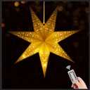 24 Inch Paper Star Lantern with 8 Mode 60 LEDs Firework Fairy Lights, 7 Point Foldable, Hollow Out Star Hanging Decoration for Indoor Outdoor Room Wedding Christmas - 1 Pack