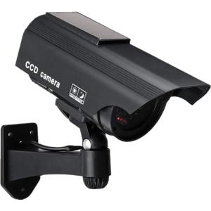 F FINDERS&CO Dummy Solar Security Camera, Bullet Fake Surveillance System with Realistic Red Flashing Lights and Warning Sticker Indoor Outdoor (1, Black)