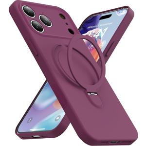 Magnetic Stand for iPhone 17 Pro Case, Liquid Silicone, [Compatible with MagSafe][Built-in Kickstand&Ring Holder] Anti-Scratch Soft Microfiber Lining, Wine Red