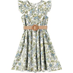 PATPAT Little Big Girls Dress Vintage Boho Floral Ruffle Short Sleeve Casual Swing Dress with Braided Belt 4-5Yr Old