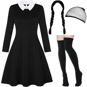 Women Halloween Costumes Adult, Long Sleeve White Collar Black Gothic Dress for Women, Halloween Costumes for Woman (X-Large)