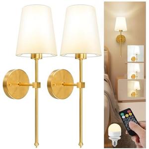 LGMCF Battery Operated Wall Sconce Set of 2, Rechargeable Wall Lights with Dimmable Detachable Charging Bulbs and Remote, 3 Color Temperature Wireless Sconces for Bedroom Living Room Hallway (Large)