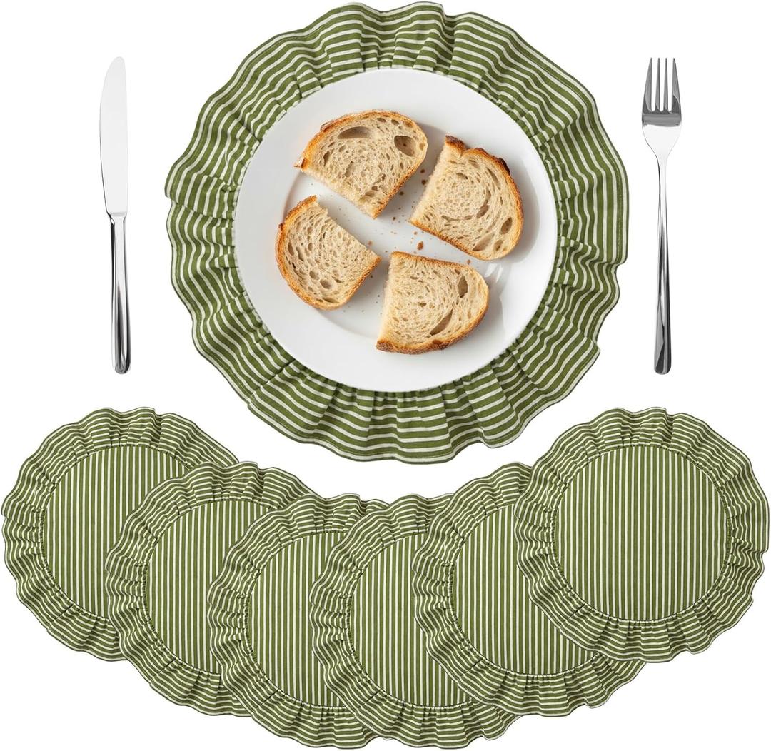 6 Pcs Round Green Placemats with Ruffle 15 Inch Cotton Striped Placemats Easter St Patricks Spring Wedding Boho Decorative Table Mats for Holiday Party Favors Table Decorations