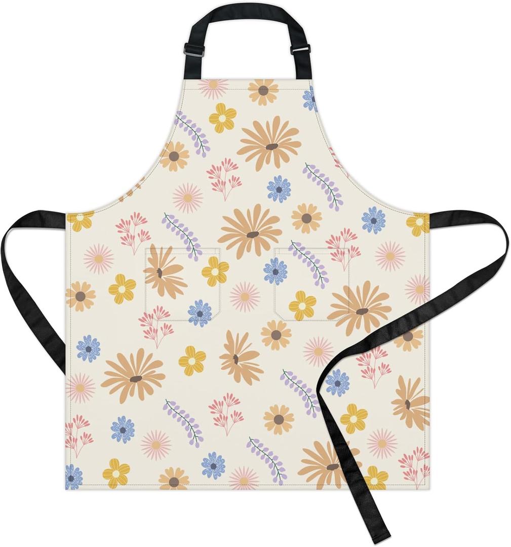 Yellow Blue Small Flowers Aprons, Adjustable Flowers Kitchen Apron for Women with Pockets, Elegant and Bright Apron for Kitchen, Cleaning, Gardening