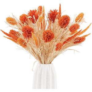 Artificial Husk Thistle Bush Flowers,Faux Wheat and Sorghum Grass Floral for Home Decor,Fake Plant Greenery Bouquets for Autumn and Thanksgiving DIY Decorations,A Pack of 2,Orange (W1358)