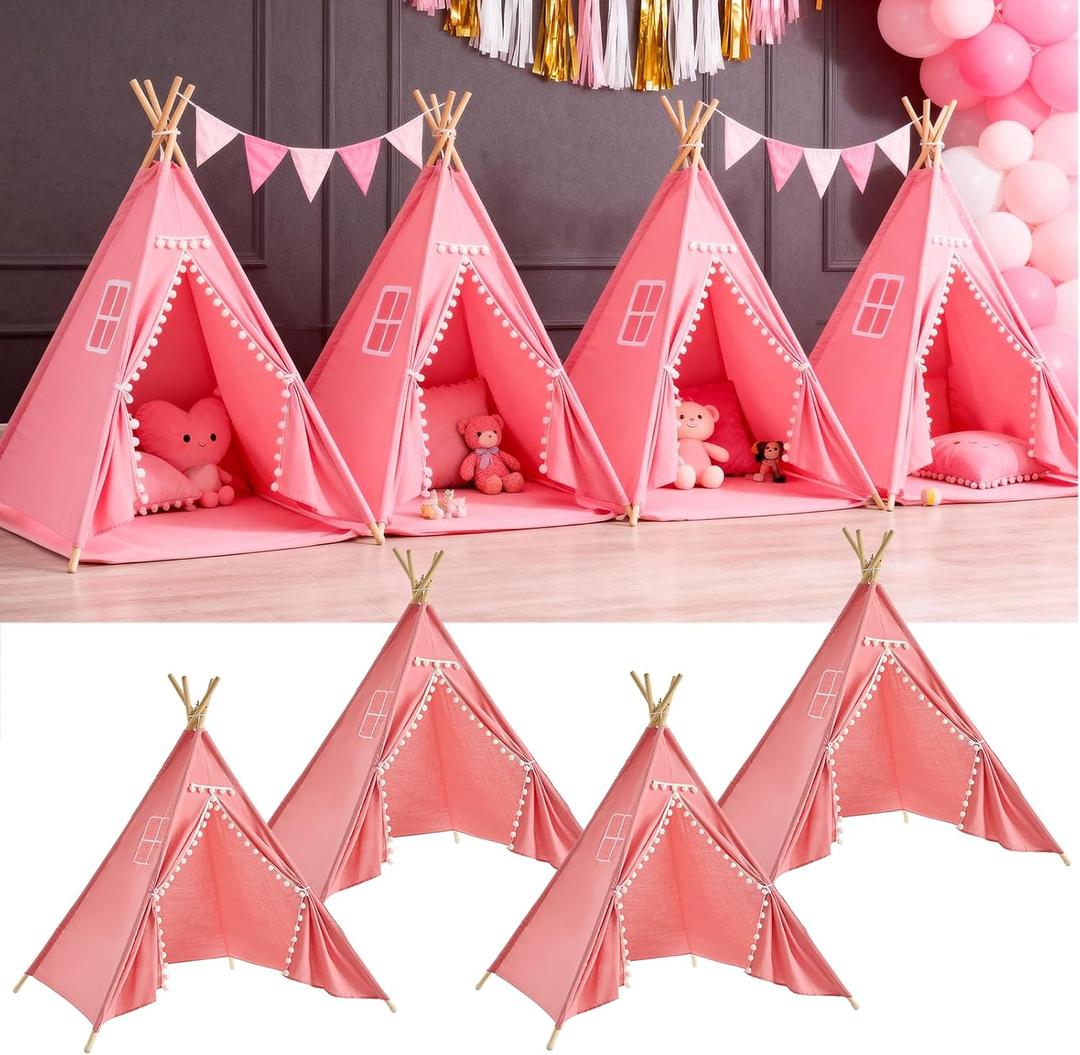 4 Pack Teepee Tent for Kids Slumber Party, Cotton Playhouse Tipi Sleepover Tent with Pompom & Lights for Girls & Boys Movie Night Birthday Party Supplies, 17 inches x 7 inches x 8 inches