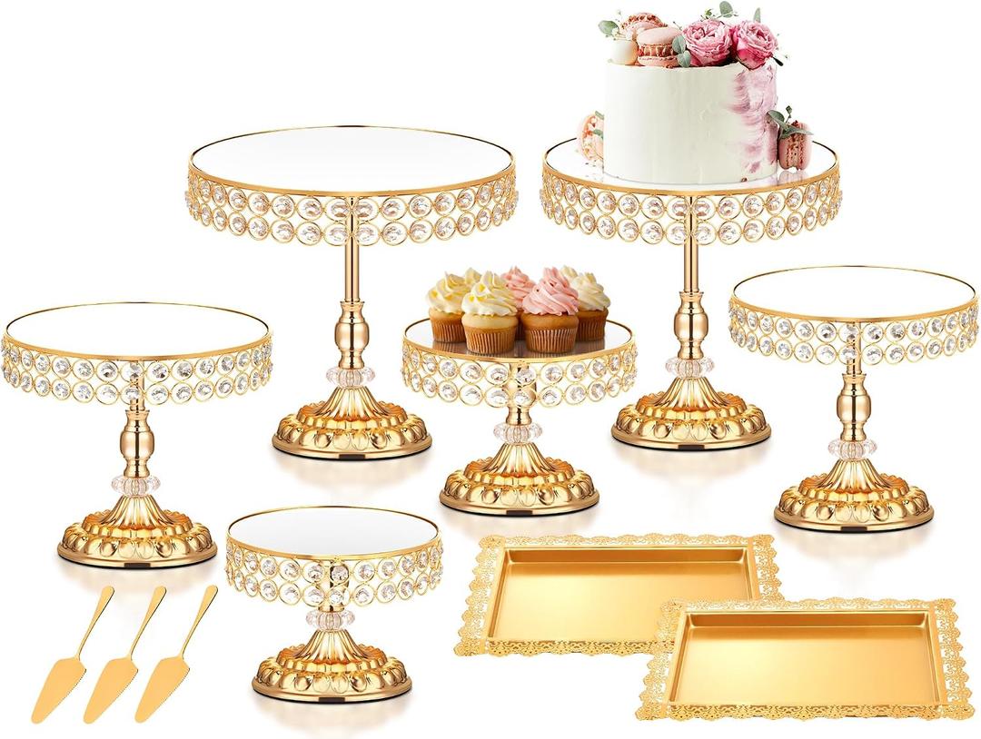 12 Pieces Gold Cake Stand Set, Vintage Cake Display Stand with Crystal Edge and Cupcake Display Tray, Dessert Table Display Set for Wedding Party Baby Shower Anniversary Celebration