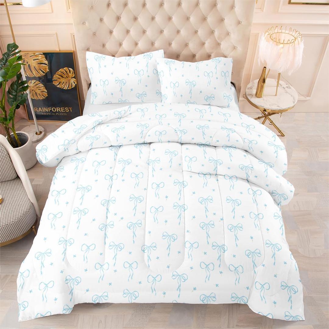 Twin Comforter Set Bow - Light Blue Bow Quilt Bedding Set 2 Pieces, Comforter Set Twin Size, Soft Lightweight Comforter(68 x 90) for Girl All Season & 1 Pillowcase(30x20)