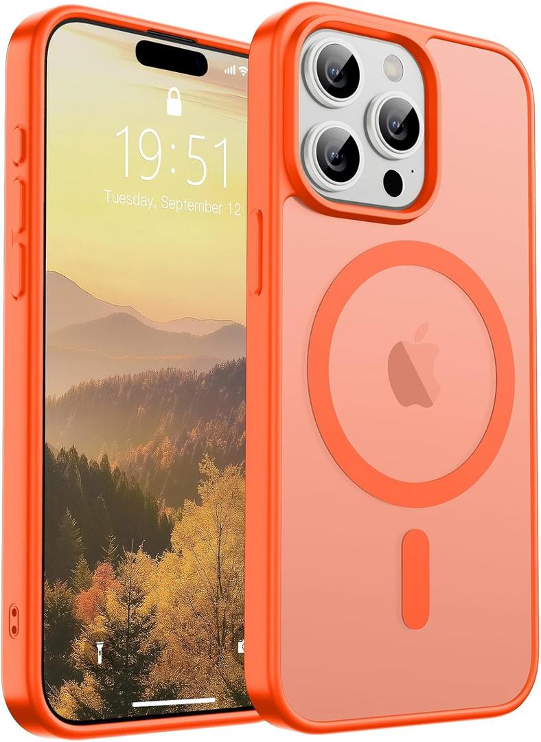 SUPFINE Magnetic for iPhone 15 Pro Max Case (Compatible with MagSafe) (Military Grade Drop Protection) Slim Translucent Matte Shockproof with Anti-Fingerprint Phone Case,Orange